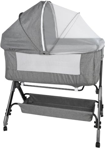 HUOLE 3 in 1 Beistellbett & Babywiege & Reisebett, 4-stufig Höhenverstellbares Babybett, neigbar, Kinderbett, Stubenwagen für Babys bis 25kg belastbar-104 * 52 * 100-110cm – Leinengrau
