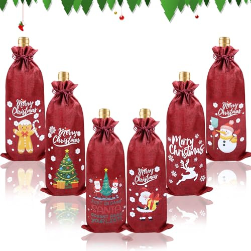 6 stycken julpresentpåsar, flaskpåsar, jute-vinpåsar, återanvändbara flaskpåsar med dragsko, perfekt för förvaring av vin, julgodis till fester, födelsedagar