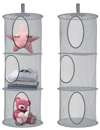 2 Stück Hängeaufbewahrung Hängekorb Groß Kuscheltier Aufbewahrung Hängend Faltbare Aufbewahrungstasche Netz mit 3 Fächern für Kinderzimmer, Badezimmer, Balkon (Grau)