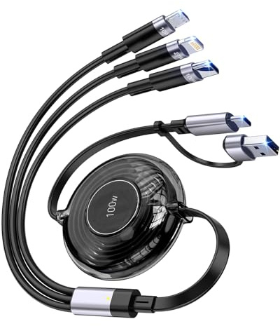 6-in-1 100W Multi USB Kabel, Einziehbares Multi Ladekabel 1.2M, Mehrfach Ladekabel mit Micro/Typ C/Lightn-ing Kabel, USB-C&USB-A Ladegerät Schnellladekabel für iPhone, Android, Galaxy, Tablet -Schwarz