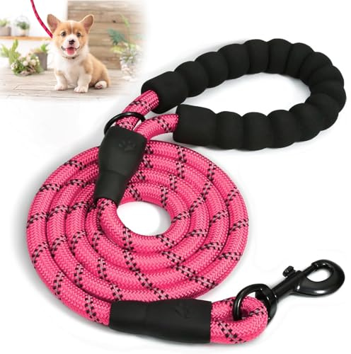 Heavy Duty Dog Lead for Medium/Large Dogs - Durable Rope Leash with Ergonomic Padded Handle & Reflective Safety Stripe (Rose, 200 * 1.2cm)