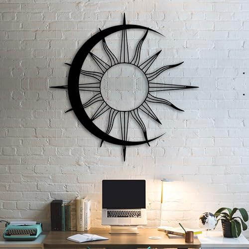 KAWA METALWORKS Minimalistische Wandkunst aus Metall mit Sonne und Mond, modernes Boho-Dekor für Schlafzimmer, Wohnzimmer oder Büro, ästhetisch, zeitgenössisch, einzigartiges Geschenk für Zuhause