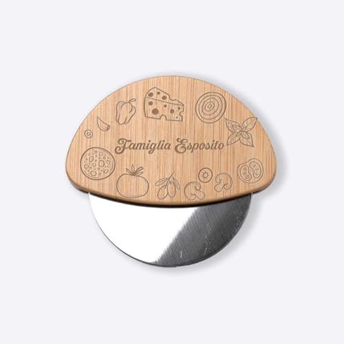 ''Famiglia'' Ruota Rotella Tagliapizza in bamboo e Acciaio Inox Idea regalo Natale Cena Casa Amici Parenti Sposi Divertente per Pizza Focaccia Cibo Amore Cucina