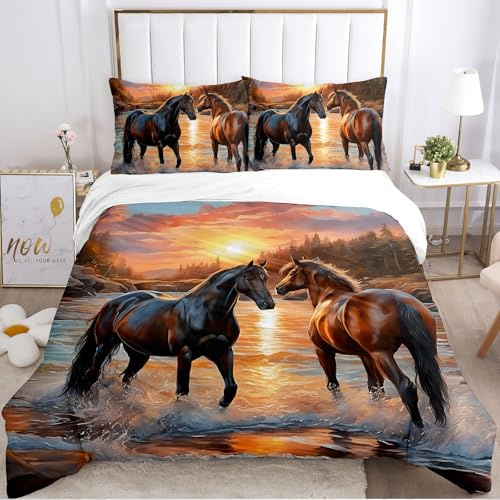IUNTWEIE Copripiumino cavallo 220x240 cm,copripiumino stampa cavalli con Cerniera, con 2 federe 50x75 cm，cavallo 6：220x240cm