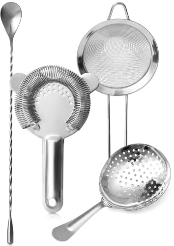 Etens Cocktail Strainer Set – Bar tools Stainless Steel Includes Hawthorne Strainer, Julep & Fine Mesh Cocktail Strainers, Mixing Spoon – Drink Shaker Strainer for Bartending