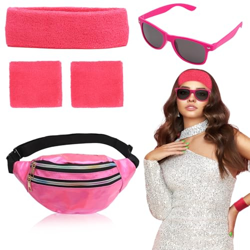 VOSSOT 80er Retro Party Set, Sportliches Stirnband, Armband, Gürteltasche und Brille, Pink, Halloween- und Weihnachtsparty-Accessoires für Erwachsene, Perfektes 80er Neon Party Outfit für Damen