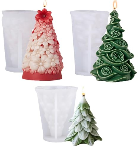 Feelhea 3 Stück 3D Silikon Kerzenformen Set, DIY Kerzengießformen für Zuhause, Geschenke & Weihnachten - Silikonformen Gießformen Kerzen Formen für DIY Anfänger und Fortgeschrittene (Weihnachtsbaum)