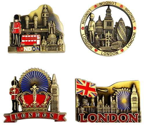 4PCS London Fridge Magnets Set – 3D Metal British Souvenirs, Double-Decker Bus, Tower Bridge, Union Jack, London Icons Decorative Kitchen Magnets, England Souvenirs Gifts for Friends & Family – Bronze