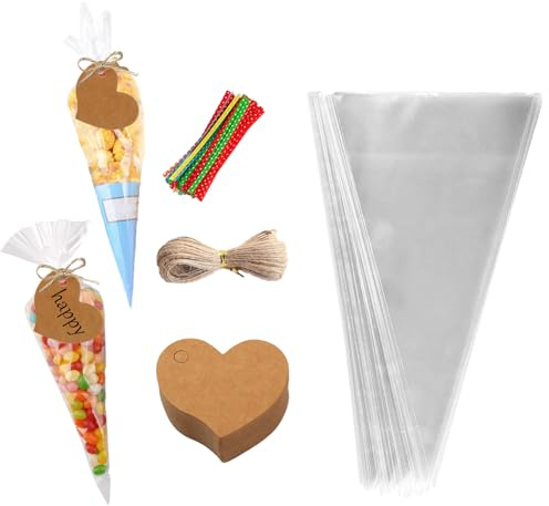100 Stück Süßigkeiten Tüten, 25x13cm Candy Bar Tüten Spitztüten | Transparent Cellophantüten mit 100 Twist Ties Geschenktüten & 100 Geschenkanhänger inkl für Schokolade Bonbons Kekse Hochzeit