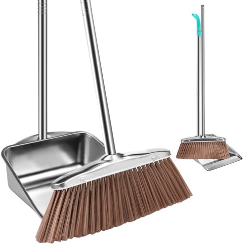 Dustpan and Brush Set Long Handle Stainless Steel Broom and Dustpan Set with Adjustable Handle Heavy Duty Tall Dustpan and Brushes Sets Sweeper and Dustpan Sets for Home Office Dorm (Square)