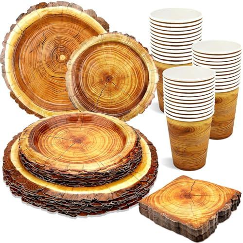 100 Stück Camping Holzmaserung Scheiben Geschirr Set Rustikale Holz Party Dekorationen Teller Servietten Becher oder Jagd Geburtstag Party Dekorationen Servieren 25 Gäste