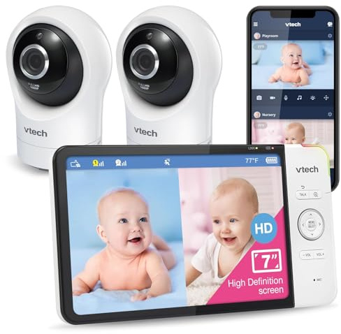 VTech Smart babymonitor med 7-tums HD-färgskärm, WiFi, 2 kameror med 1080P FHD-kamera, gratis app, svängbar lutningszoomfunktion, vaggvisa, lugnande ljud, intercomfunktion: RM7764-2HD