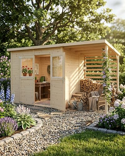 Steiner Shopping Gartenhaus Glücksburg 04 aus nordischer Fichte I 14 mm Elementgartenhaus mit Schleppdach, Fußboden & Lamellenwand I Nutzfläche 6,87 m² I Robust, vielseitig & einfach aufzubauen