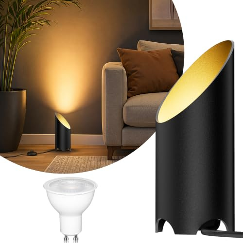 LED Bodenstrahler Innen Wohnzimmer: 3000K 7W GU10, Schwarz, 1 Stück | 3000K warmweißer LED Uplight Spot mit Fußschalter und 1,8 m Kabel für indirekte Beleuchtung, Pflanzen, Bilder und Sofaecken