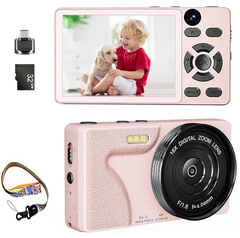 Digital Camera, 4K 64MP Compact Dual Lens Camera with 32G Card, 2000mAh Battery, 2.8 IPS Screen, Zinc Alloy Shell, 18X Digital Zoom Auto-Focus for Kids, Teenagers, Beginners - Pink