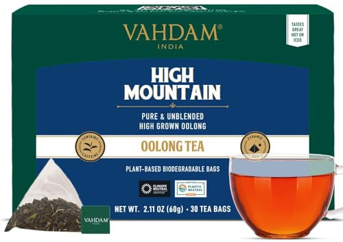 VAHDAM, Indian High Mountain Oolong Tea Bags (30 Count) Non GMO, Gluten Free | Himalyan Grown Oolong Tea Leaves - Light & Floral | Individually Wrapped Pyramid Tea Bags | Direct from Source | Light Flavor with Floral, Fruity Notes |High Elevation Grown Oolong Tea |Non GMO |Resealable Ziplock Pouch |Brew Hot/Iced