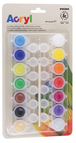 Morocolor PRIMO, 14 feine Acrylfarben in Blisterpackungen zu 4,5 ml, intensive und leuchtende Farben, deckende und permanente Farben, interagieren gut mit Additiven und Farben, inkl. Pinsel