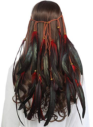 AWAYTR Feder Kopfschmuck Boho Hippie Stirnband - Fancy Federschmuck Böhmische Kopfbedeckung Quaste für Damen Mädchen Karneval Kopfschmuck, Rot + Schwarz, Einheitsgröße