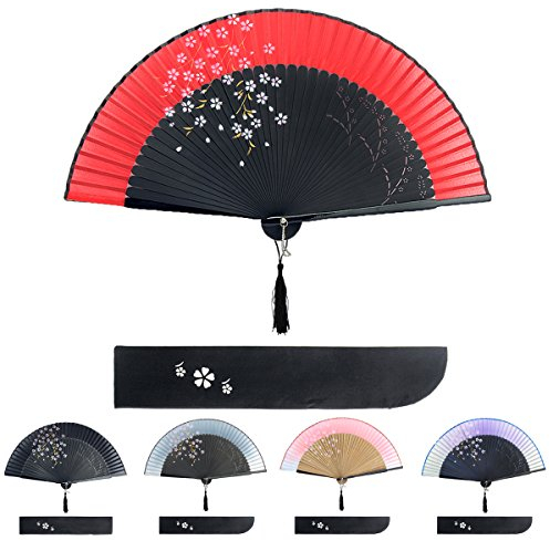 Meisax Japanisch Stil Handfächer Kirchbüten Damen Fächer Taschenfächer Klappfächer Dekofächer Wandfächer Bambusgriff für Sommer Anlässen Hochzeit Gartenfeste Tuch Dekoration (rot)