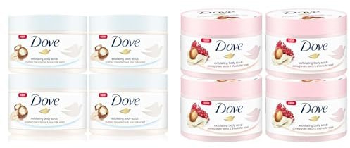 Dove Dusch-Peeling Macadamia & Reismilch, 4er Pack (4 x 225 ml) + Dove Creme-Dusch-Peeling für seidig glatte Haut Granatapfel & Sheabutter mit reichhaltiger Textur, 4er Pack (4 x 225 ml)