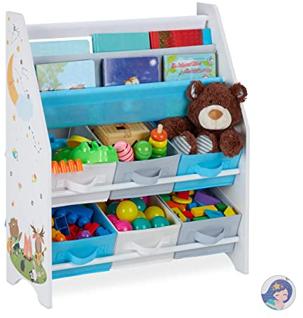 relaxdays Porta Giochi Bambini, Motivi Animali, 6 Box 2 Scomparti, Scaffale Libreria, HLP 74 x 62 x 31,5 cm, Colorato, Ferro, Set da 1