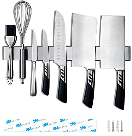 LiRiQi Magnetleiste Messer zum Kleben oder Bohren, Messerhalter Magnetisch, Magnetleiste Selbstklebend für Wand, Messerleiste Edelstahl 40 cm, Für eine Aufgeräumte Küchenutensilien