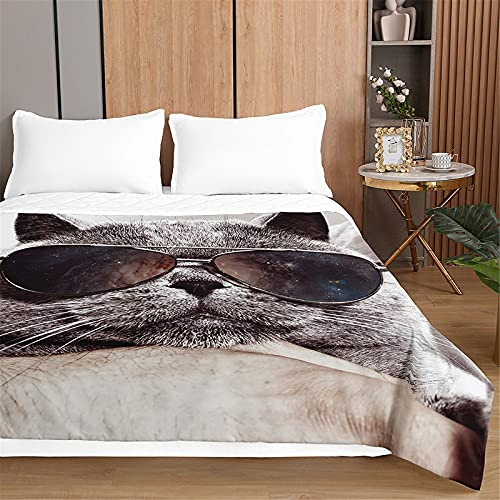 Oduo Gato Colcha de Verano Colcha Bouti Colcha Acolchada para Cama Suave y Cómoda - Edredón Fresca Lavable para Primavera y Entretiempo Individual Matrimonio Infantil (Gafas de Sol Gato,220x240cm)
