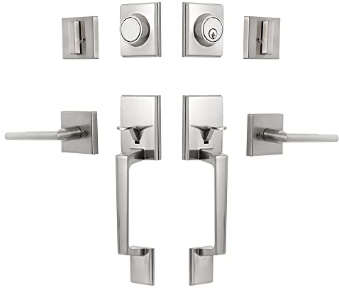KIAYACI Door Lock Set Double Door Handle Sets with Deadbolt Silver Entry Door Locksets Single Cylinder HandleSet with Straight Handle Lower Half Grip Satin Nickel Double Door Handleset with Dummy
