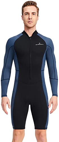 OttoBen Herren Sommer Dünn 1,5 mm Neoprenanzug Shorty Lange Ärme Stretch Schnorcheln Schwimmen Surfanzug, Sonnenbeständiges dünnes Nylon an den Seiten Dunkelblau XXL