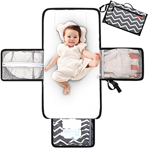 Lekebaby Tragbare Wickelunterlage Unterwegs, Baby Wickelunterlage Waschbar mit 3 Fächern, Wasserdichte faltbare Windeltasche mit Tuchspender, Grau