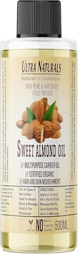 Ultra Naturals 100% Pure Sweet Almond Oil 500ml, Cold Pressed & Natural, for Hair, Skin, Face & Nails, Moisturising, Anti-Ageing, Fast Absorbing, Carrier Oil for Massage & Aromatherapy, UK Made