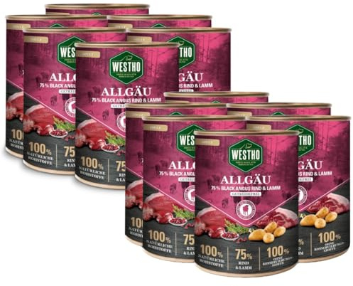 WESTHO Nassfutter Allgäu Adult Senioren (12 x 800 g) | 75% Black-Angus-Rind und Lamm | Getreidefrei | Hundefutter für aktive Hunde jeder Rasse | Reich an Antioxidantien