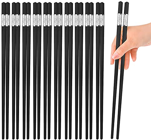 10 Pairs Nicely Designed Fibreglass Chop Sticks for Asian Dishes Sushi Noodles, Reusable Anti-Slip Chopsticks Gift Set Dishwasher Safe, Healthy Japanese Chinese Chopstick Easy to Use, Black and Silver