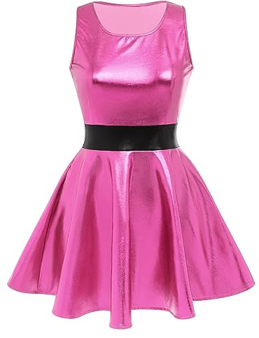 Damen Metallic ?rmellos Minikleid Holografisch Partykleid Gl?nzend Skater Festkleid Festival Rave Outfits Alien Kost?m Halloween Fasching Karneval Cosplay Roundhals Tanzkleid Clubwear Rose M