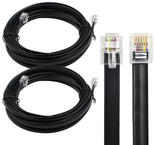 XANHAM RJ12 Cable 15 feet Telephone Line Cord with 6P6C Connector Landline Phone Wire for Both in-Wall and Out-Wall Using, Black, 2 Pack, AV06113