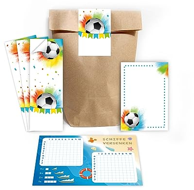 12 Schiffe versenken + 12 Blöcke + 12 Geschenktüten (natur) + 12 Aufkleber Fußball Fussball Mitgebselset Gastgeschenke für Kindergeburtstag Jungsgeburtstag Jungen