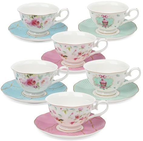 fanquare Set di 6 Tazze da Tè e Piattini Rosa, Set di Tazze da Tè Inglesi da Regalare, Servizio da Tè in Porcellana a Fiori Colorati