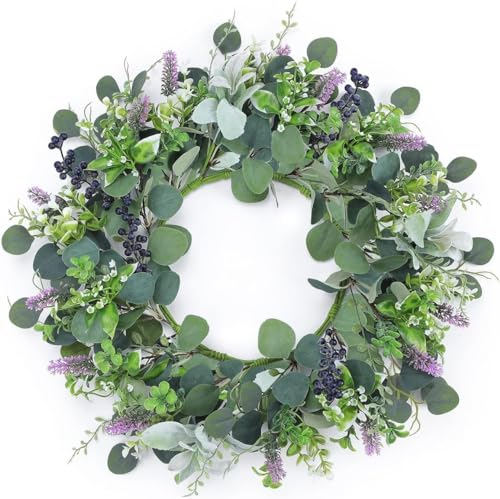 Dremisland Eucalyptus Wreath for Front Door 22” Artificial Lavender Wreath Fake Floral with Berries Spring Summer Faux Green Leaf Welcome Wreaths Garland Decor for Window Porch Farmhouse Garden