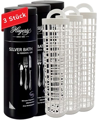 Hagerty Set 3x Silver Bath Silbertauchbad mit Anlaufschutz 580 ml I Effektives Silberputzmittel für Besteck aus Silber/versilbertem Metall I Silber-Reinigungsbad für erneuerten Glanz mit Tauchkorb