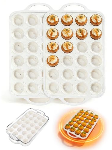 Fimary Silicone Muffin Pans With Metal Reinforced Frame - 24 Cups Durable Silicone Baking Pan for Muffins, Cupcakes, BPA Free and Dishwasher Safe - Beige with Rainbow Spots, Set of 2