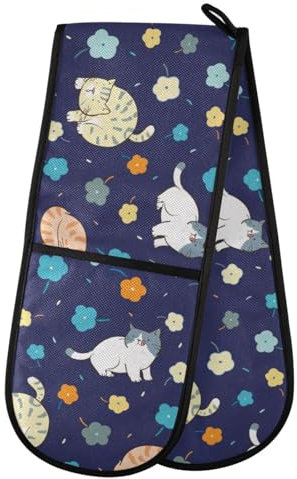 Kitten Cat Flowers Double Oven Mitt Heat Resistant Non-Slip Kitchen Gloves Extra Long 7 x 35 for Cooking Baking Barbecue Grilling