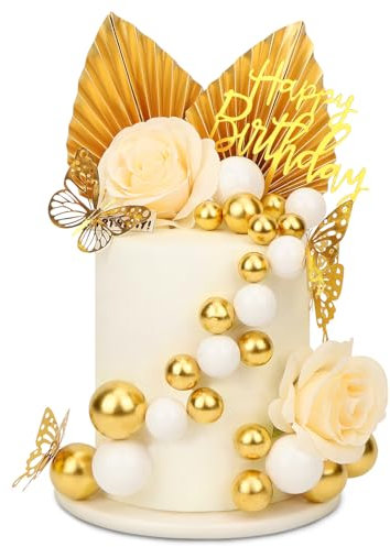 OWill 41PCS Cake Decorating，Baking Cake Decorations DIY White Gold Pink Mixed Cake Decorating Balls Golden Palm Leaf and Flowers Cake Decoration for Various Parties or Weddings