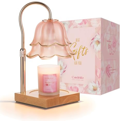 Candeldo Candle Warmer Lamp with Timer, Pink Flower Dimmable Wax Melt Lamp | Height adjustable, gift for women, mum, her, new home, house warming, birthday present, with 2 bulbs, for large jar candle
