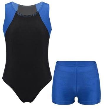 Nyeemya Jungen Turnanzug Ballettanzug Turntrikot Ballett Tanzbody Ärmellose Gymnastikbody + Shorts Wettkampf Tanzbekleidung Blau 134-140