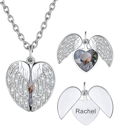 U7 Damen Halskette Medaillon zum Öffnen für Bilder Herz Anhänger mit Engelsflügel/Rose/Schmetterling Kupfer Fotokette mit Gravur Locket Memorial Fotoanhänger Personalisiert Modeschmuck für Geburtstag
