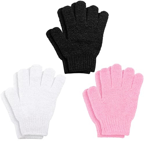 6Pcs Exfoliating Gloves - Bamboo Shower Gloves - Bath and Body Exfoliator Mitts - Scrubs Away Ingrown Hair and Dead Skin - for Shower, Spa and Massage Cell Remover Loofah - Black,Pink,White