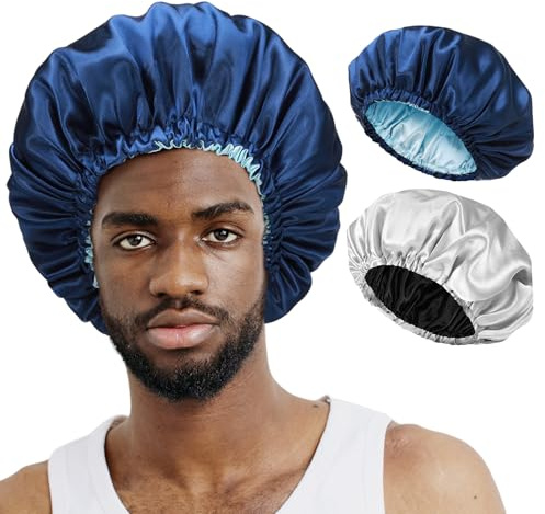 Halinuia 2 Stück Satin Bonnet für Herren und Damen Wendbare Doppellagige Bonnet Sleep Cap Rutschfestem Schlafhaube Verstellbarem Haar Haube zum Schlafen Elastisch Bonnet Satin für Haarzöpfe
