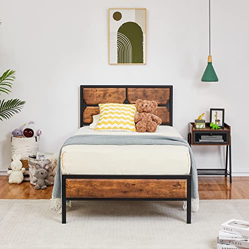 VECELO Bettgestell 90 x 200 cm, Metallbett mit Dick Holzkopfteil und Lattenrost, Doppelbett mit Stauraum unter dem Bett, perfekt für Schlafzimmer,Vintage Braun
