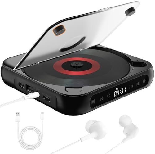 Lettore Personal Disc, Piccolo Lettore CD Ricaricabile da 2000 mAh con Audio Chiaro, Cuffie e Cavo Dati USB, Lettore CD Portatile Bluetooth per Aux per Auto o Lettore Musicale Domestico Black