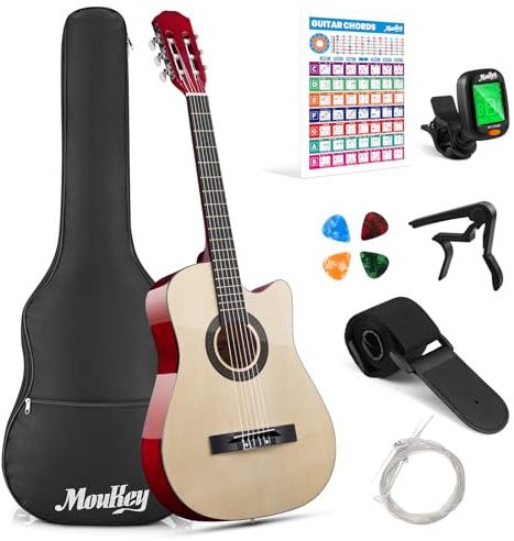 Guitarra acústica Moukey de 96 cm para principiantes, niños, jóvenes y adultos, con cutaway, kit con póster de acordes, funda, afinador, púas, cuerdas de nailon, cejilla y correa - Natural